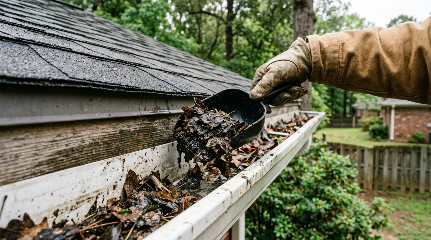 Professional gutter scoop removing wet leaves from a residential rain gutter in Central Arkansas