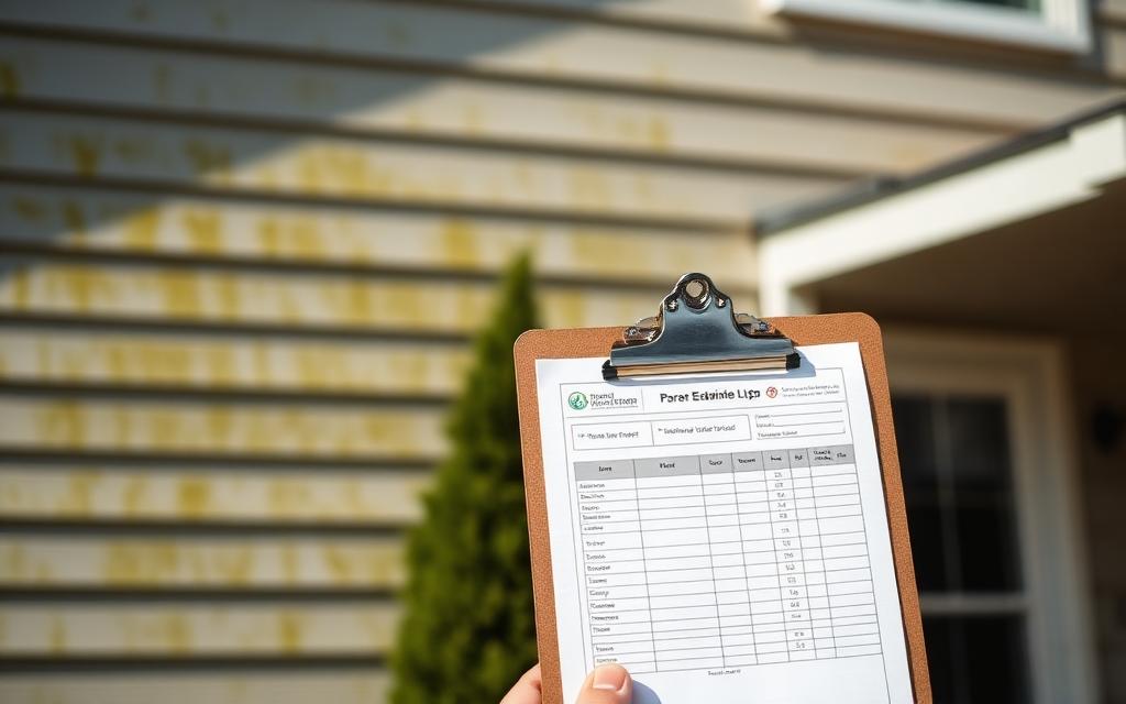 Exterior cleaning estimate clipboard held in front of algae-streaked house siding during a property evaluation