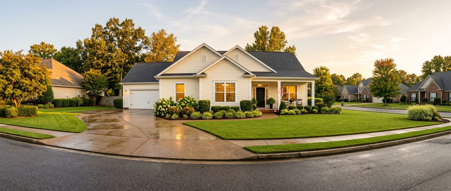 Clean Arkansas home exterior and freshly power washed driveway at golden hour