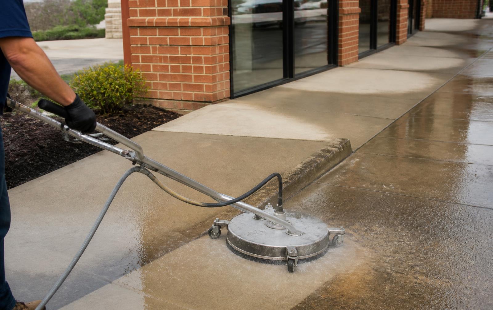 Technician power washing a commercial storefront sidewalk with a rotary surface cleaner in Central Arkansas