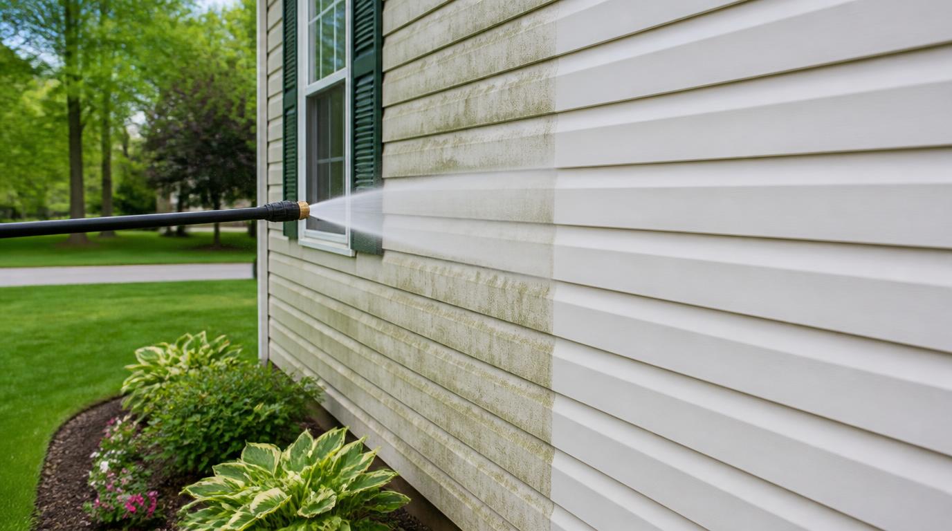 Soft-wash spray wand cleaning vinyl siding with a clear before-and-after algae removal line in Heber Springs, Arkansas