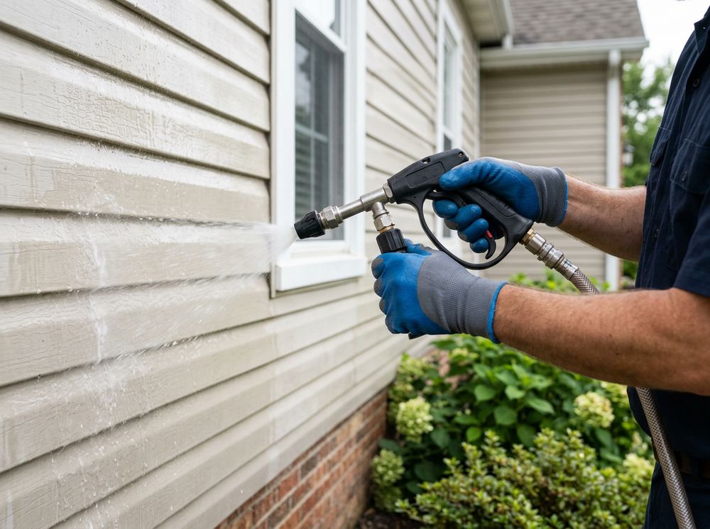 Gloved hands holding a low-pressure soft wash spray gun cleaning residential siding