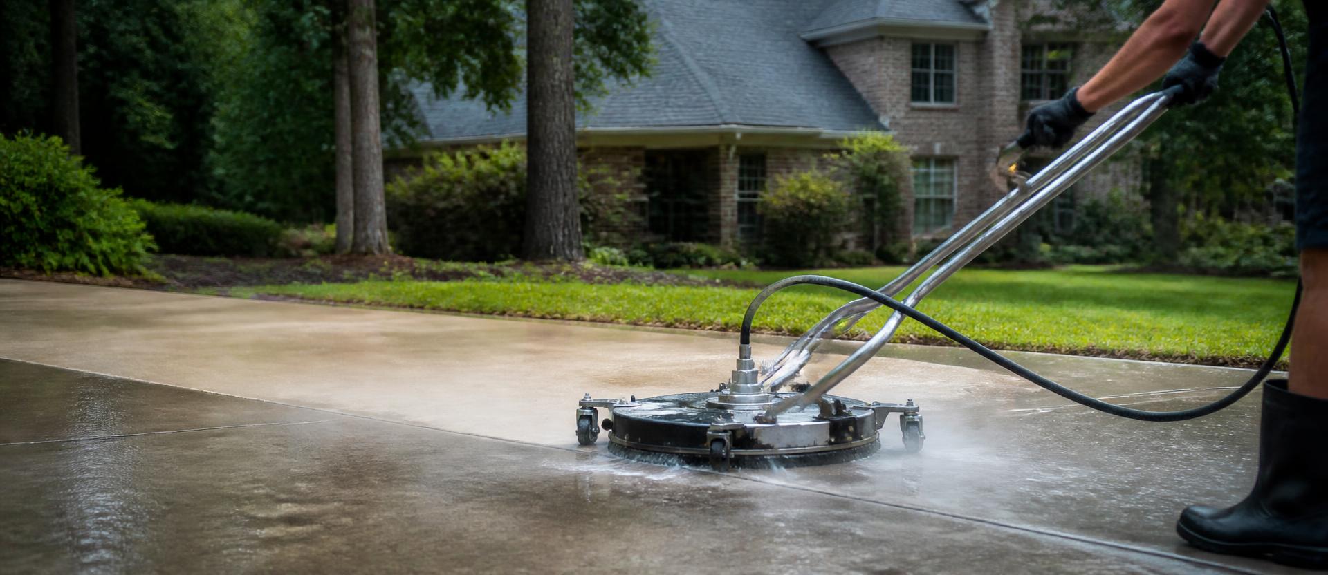 Professional rotary surface cleaner power washing a residential concrete driveway