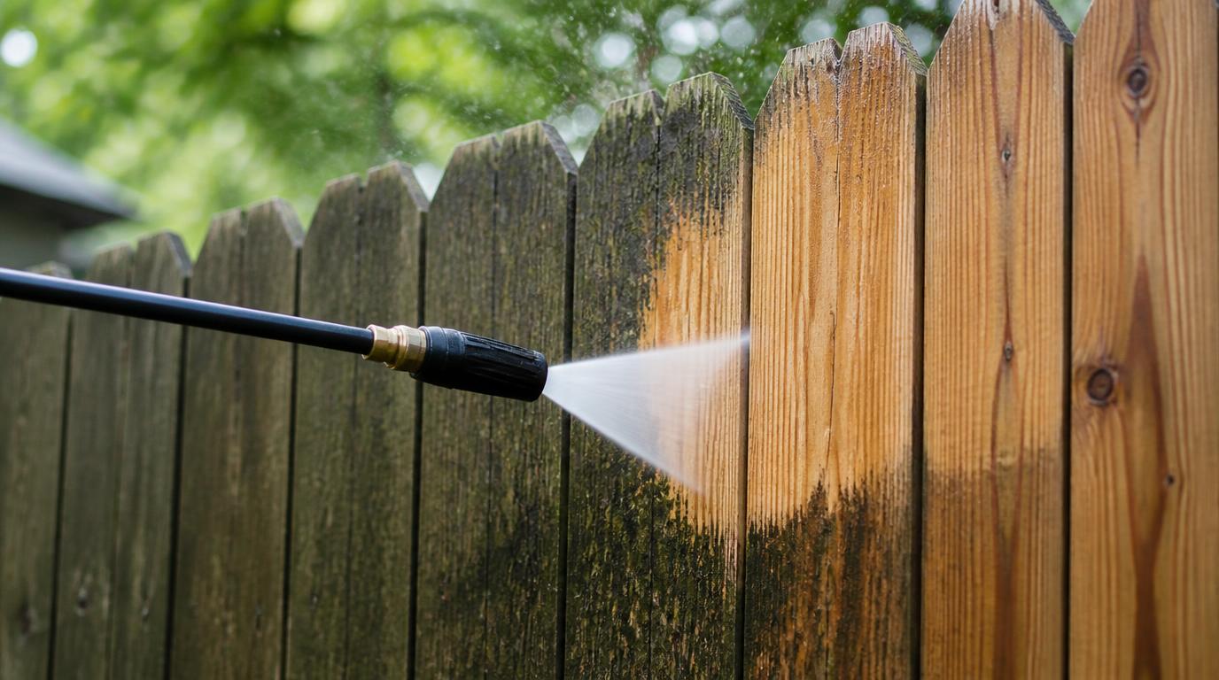 Professional pressure washer spray nozzle cleaning a weathered wood fence, showing the visible clean line where algae and mildew are washed away