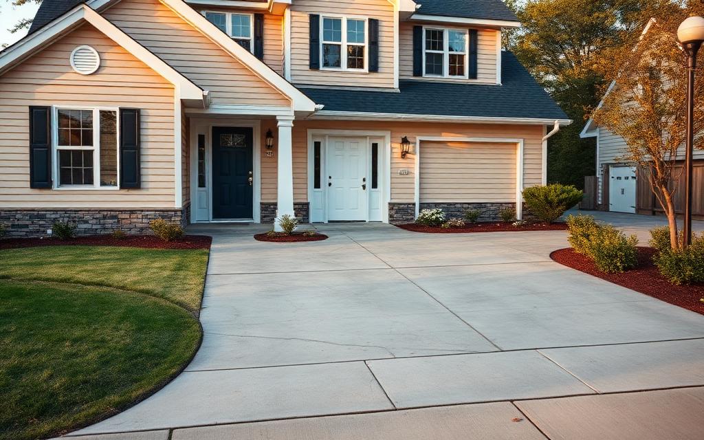 Finished home exterior with spotless siding and power washed concrete driveway at golden hour