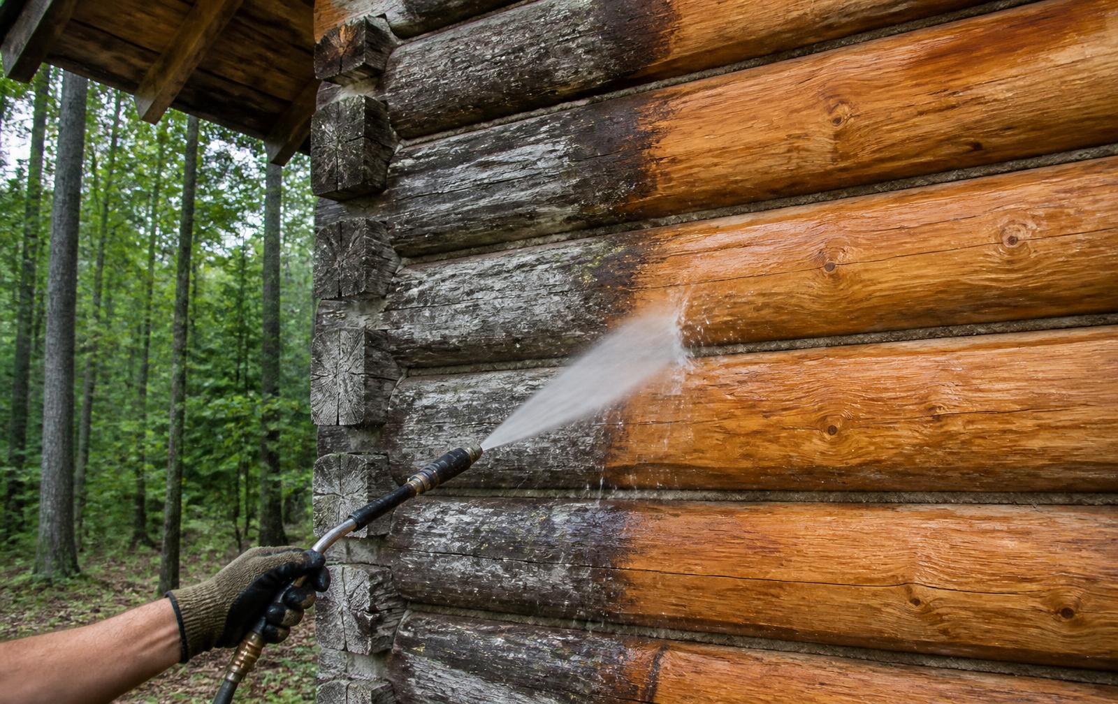 Technician rinsing grey mildew off log cabin walls to reveal clean natural wood in the Arkansas Ozarks