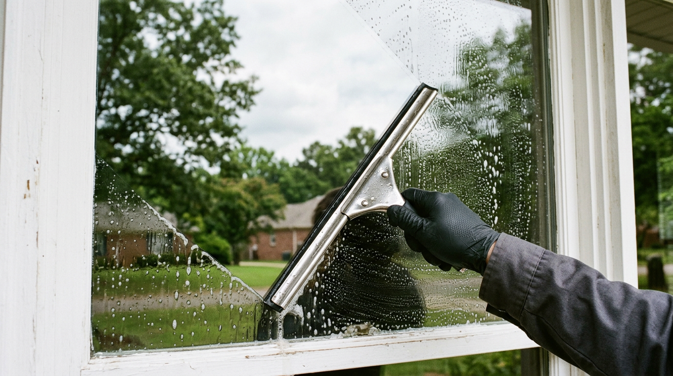 Professional squeegee leaving residential window glass clean and streak-free