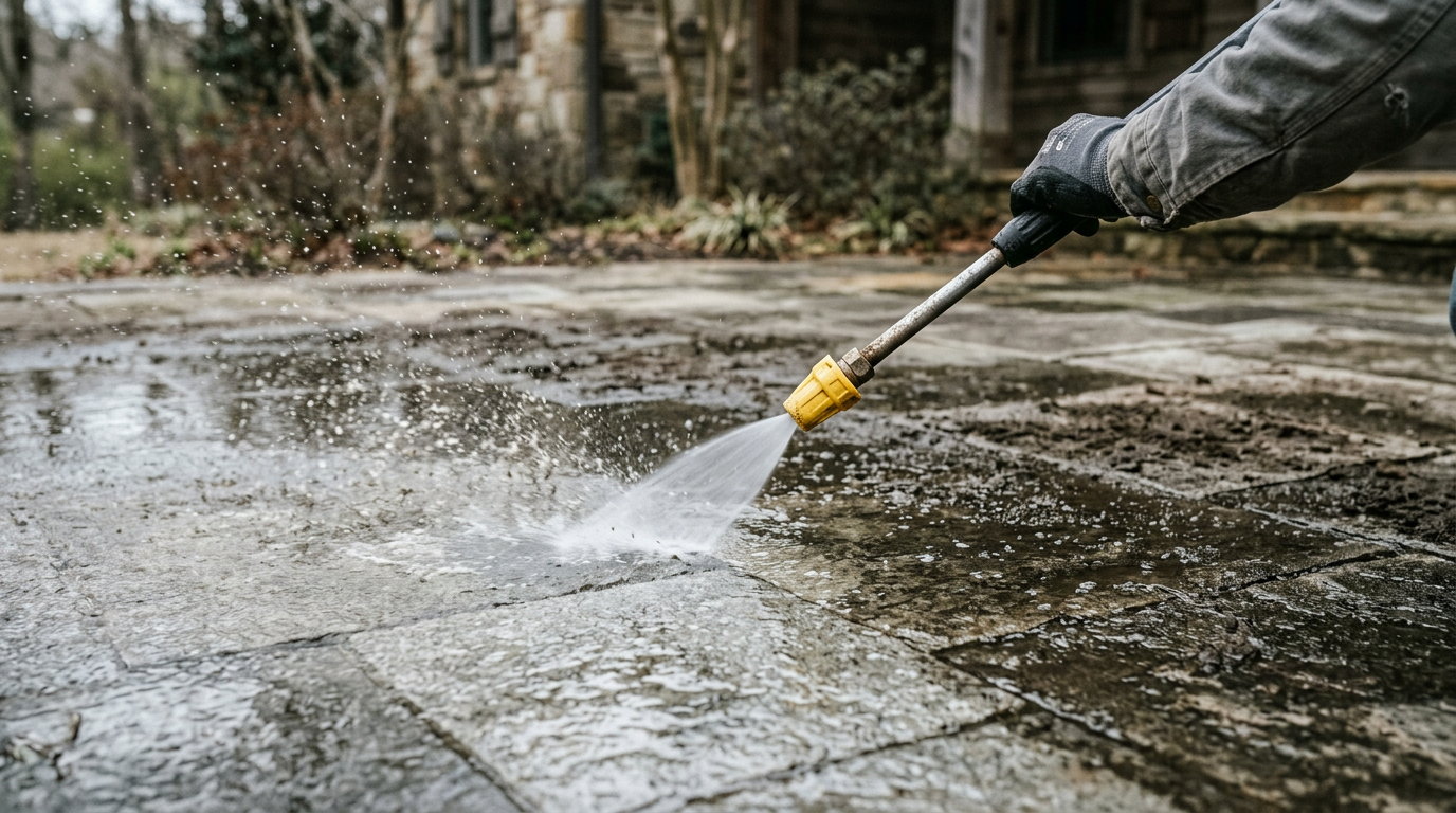 Professional pressure washer lance cutting through heavy grime on an Arkansas stone surface
