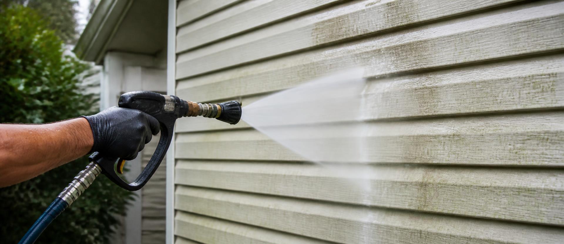 Soft wash spray gun releasing low-pressure cleaning solution onto residential house siding